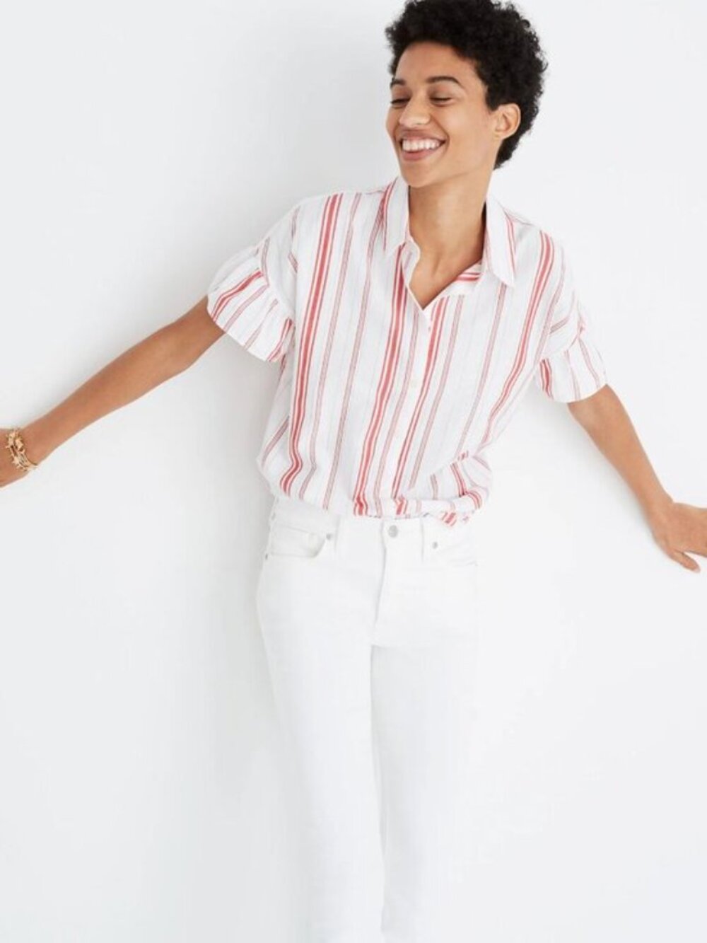 Madewell Central Ruffle Sleeve ButtonDown Shirt Red White Carey Stripe Oversized